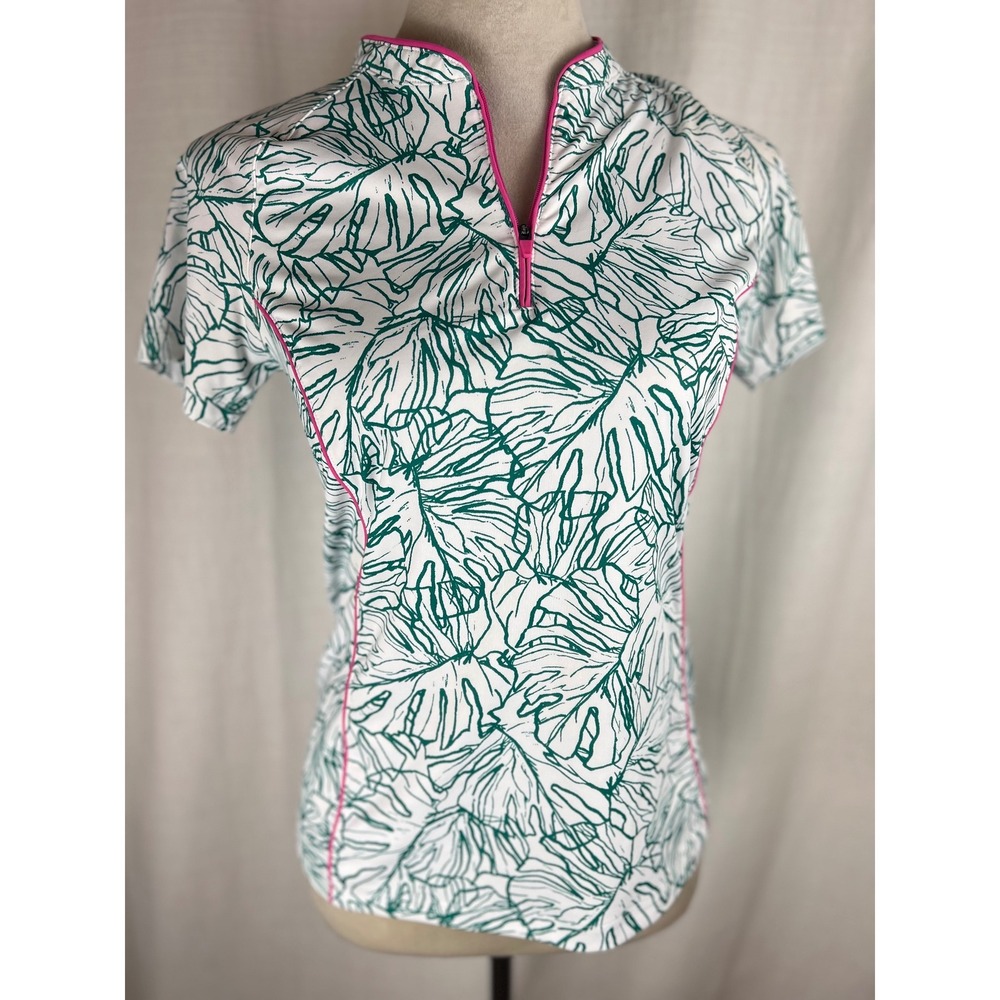 Lady Hagen Womens‎ XS Golf Polo Shirt Green Tropical Monstera Leaf Pink Trim Zip